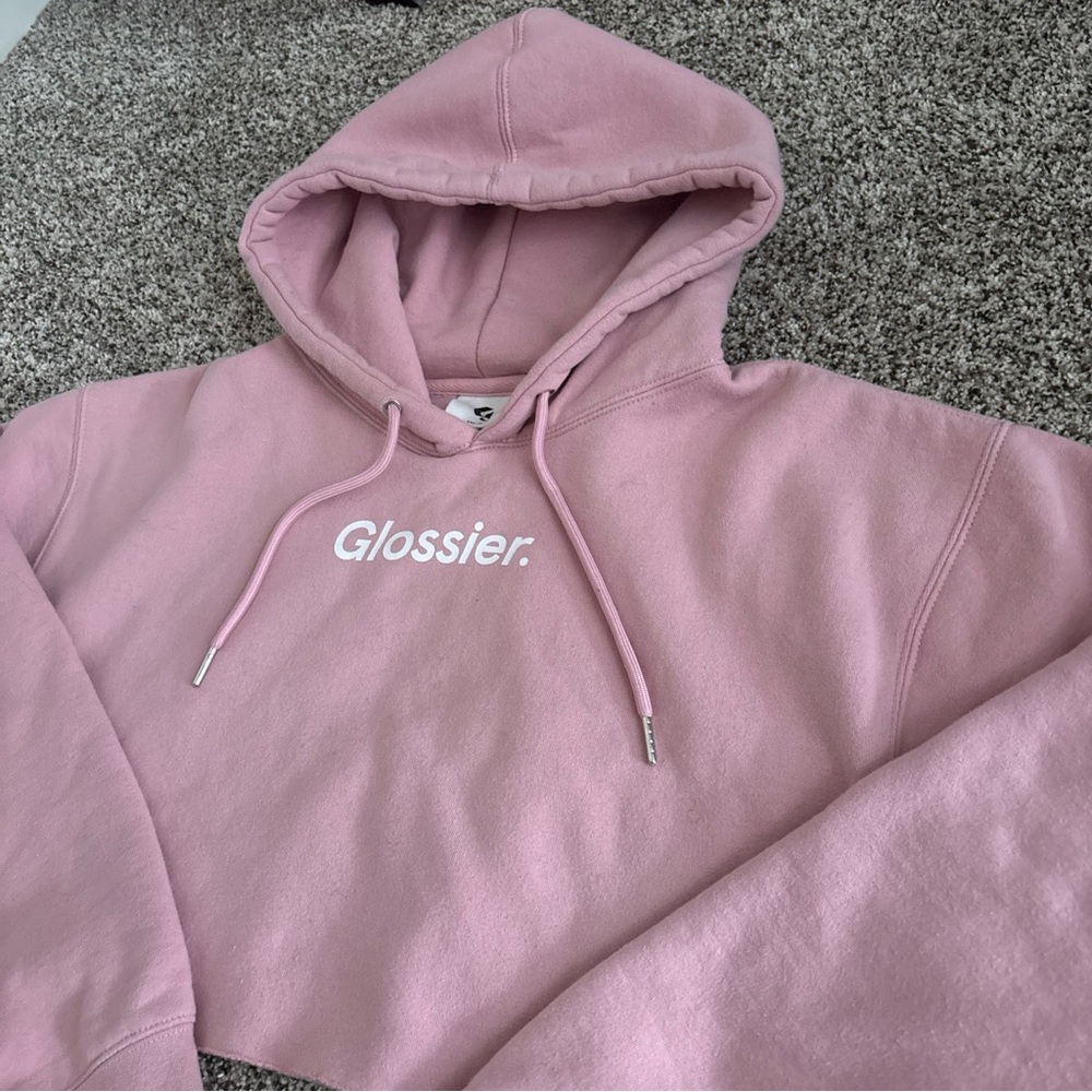 Glossier Pink Cropped Hoodie Size M Reworked Sweatshirt Logo Pullover Cozy Rare - Picture 4 of 8